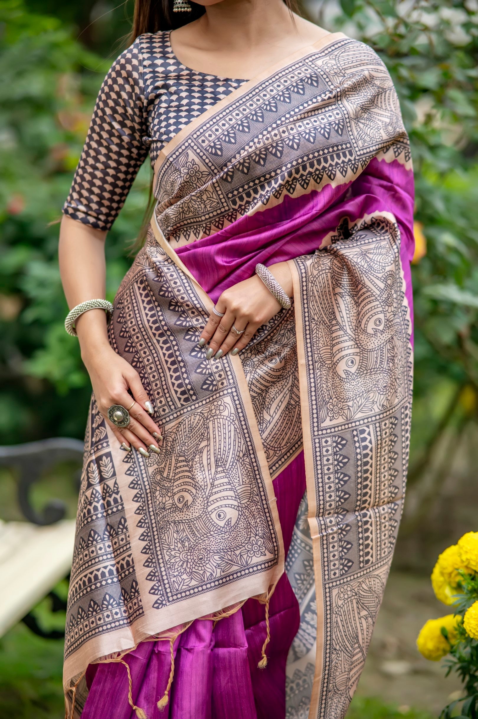 Buy MySilkLove Plum Purple Madhubani Printed Silk Saree Online