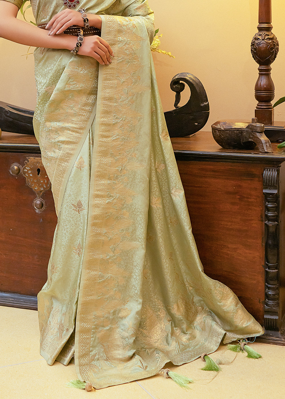 Buy MySilkLove Winter Hazel Green Woven Satin Silk Saree Online