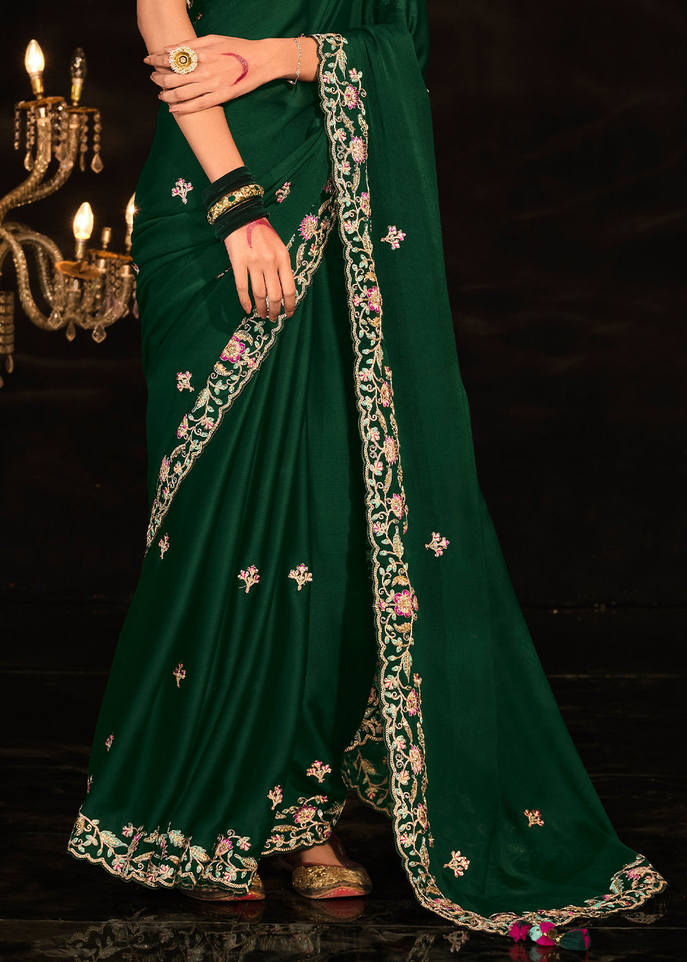 Buy MySilkLove Bush Green Embroidered Designer Satin Silk Saree Online