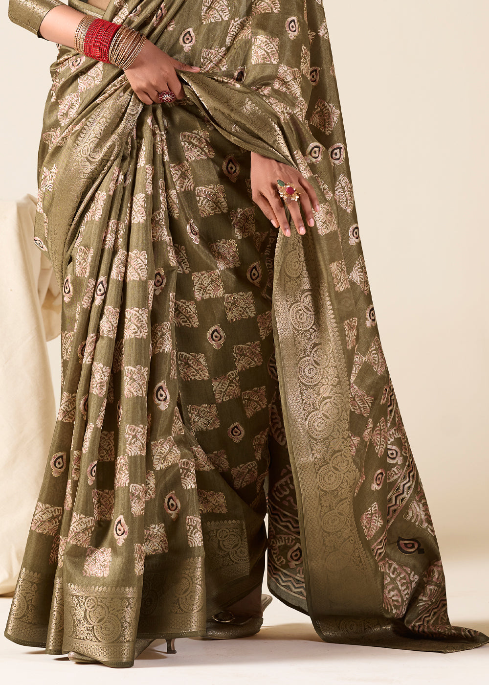 Buy MySilkLove Leather Green Banarasi Printed Soft Silk Saree Online