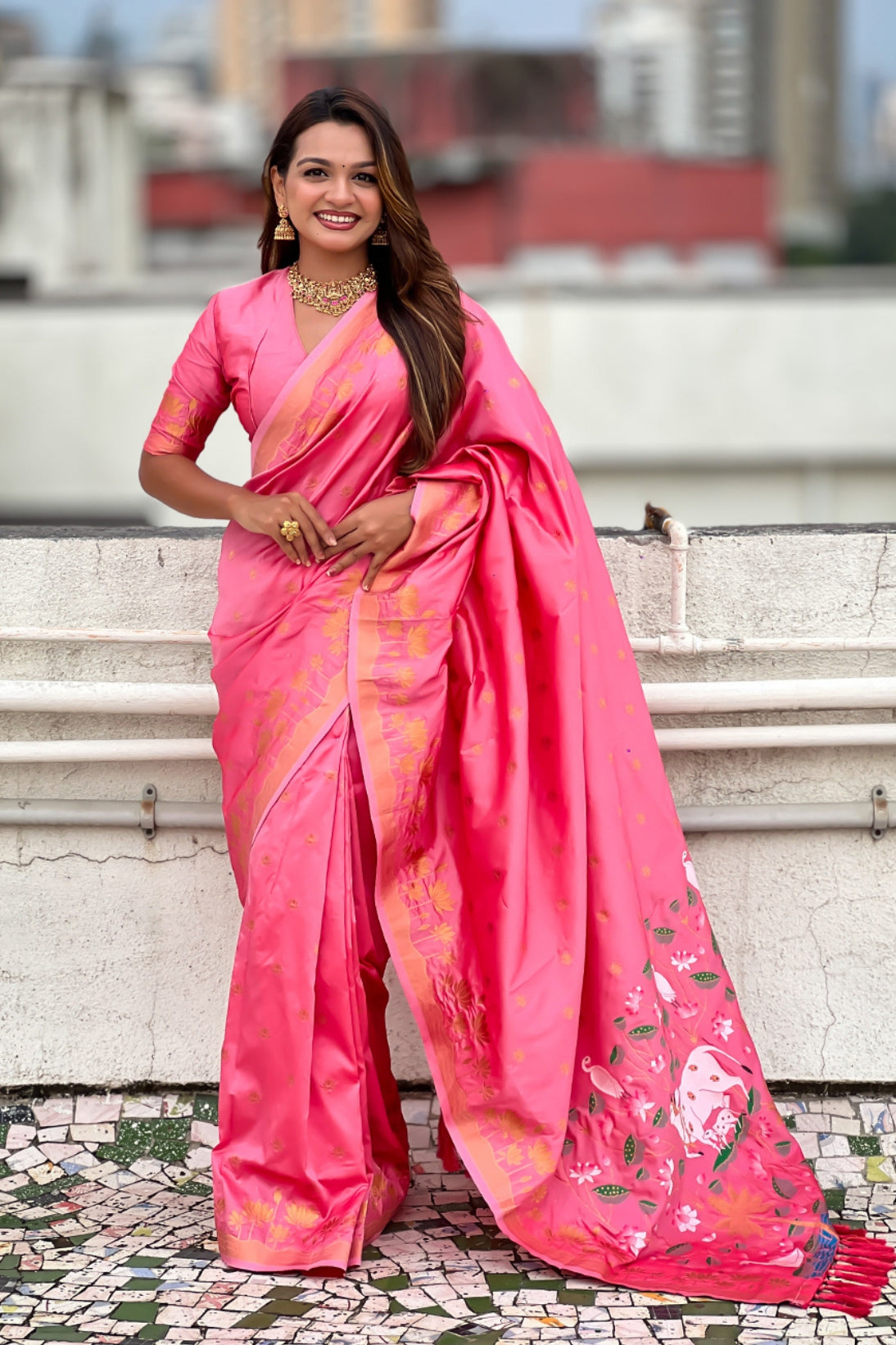 Buy MySilkLove French Pink Woven Lotus Banarasi Saree Online
