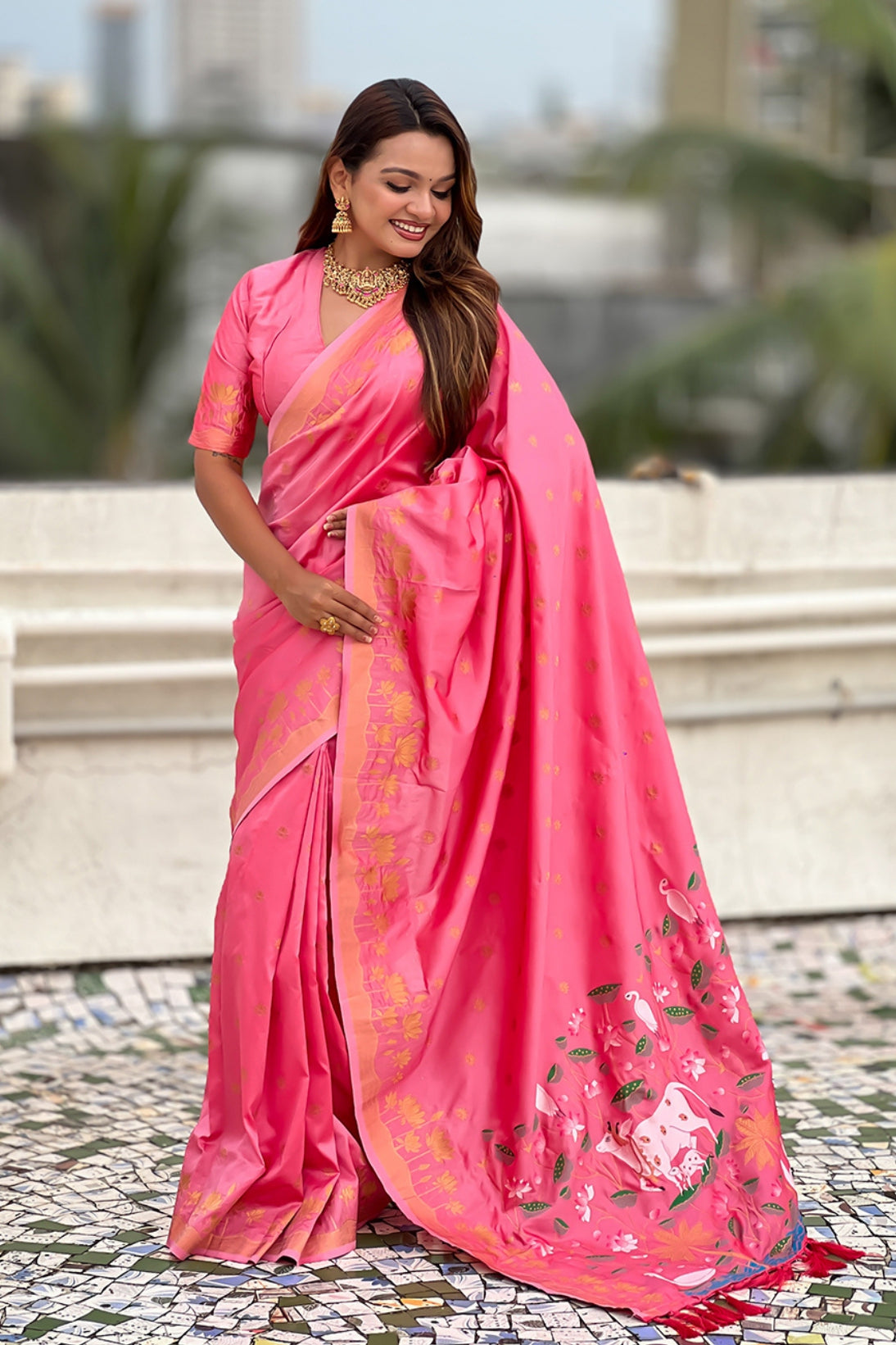 Buy MySilkLove French Pink Woven Lotus Banarasi Saree Online