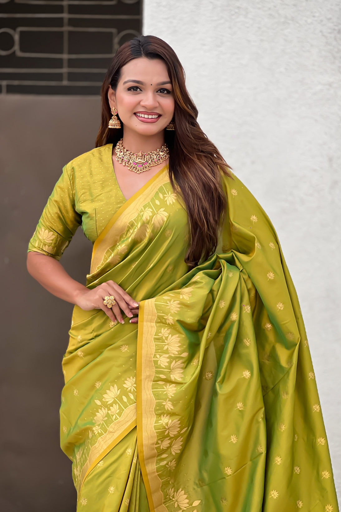 MySilkLove Mehendi Green Woven Lotus Banarasi Saree