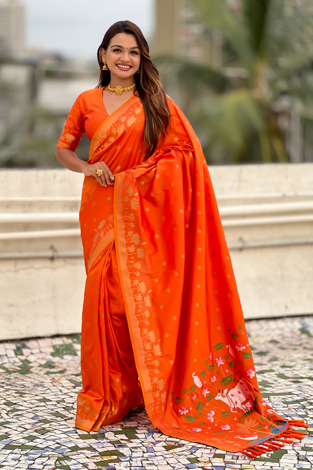 Buy MySilkLove Burned Orange Woven Lotus Banarasi Saree Online