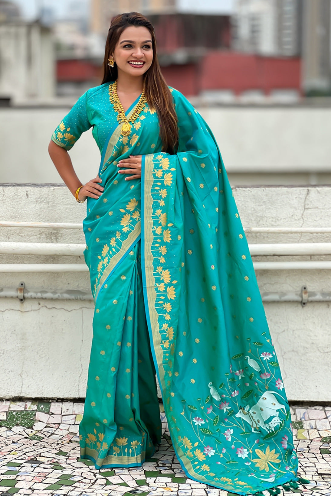 Buy MySilkLove Lobelia Blue Woven Lotus Banarasi Saree Online