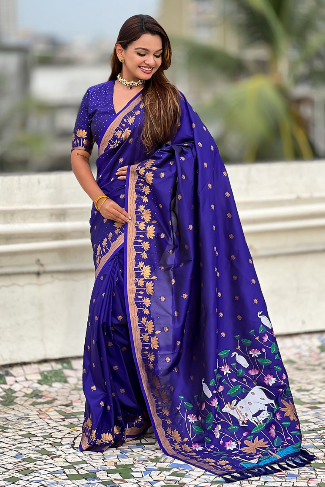 Buy MySilkLove Royal Blue Woven Lotus Banarasi Saree Online