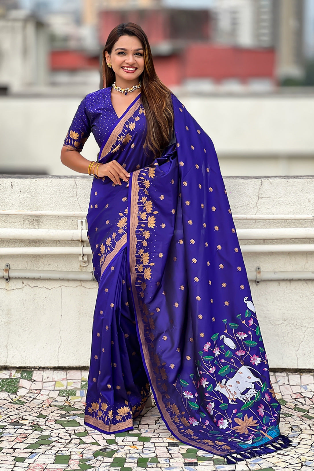 Buy MySilkLove Royal Blue Woven Lotus Banarasi Saree Online