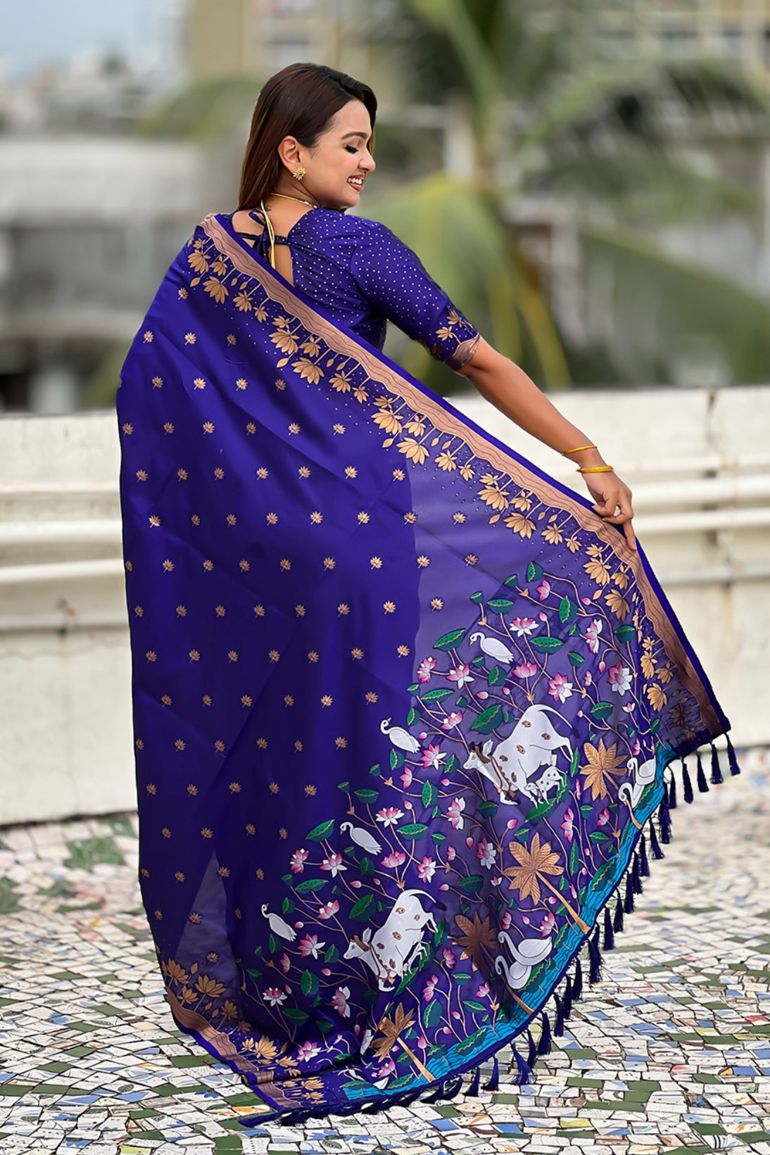 Buy MySilkLove Royal Blue Woven Lotus Banarasi Saree Online