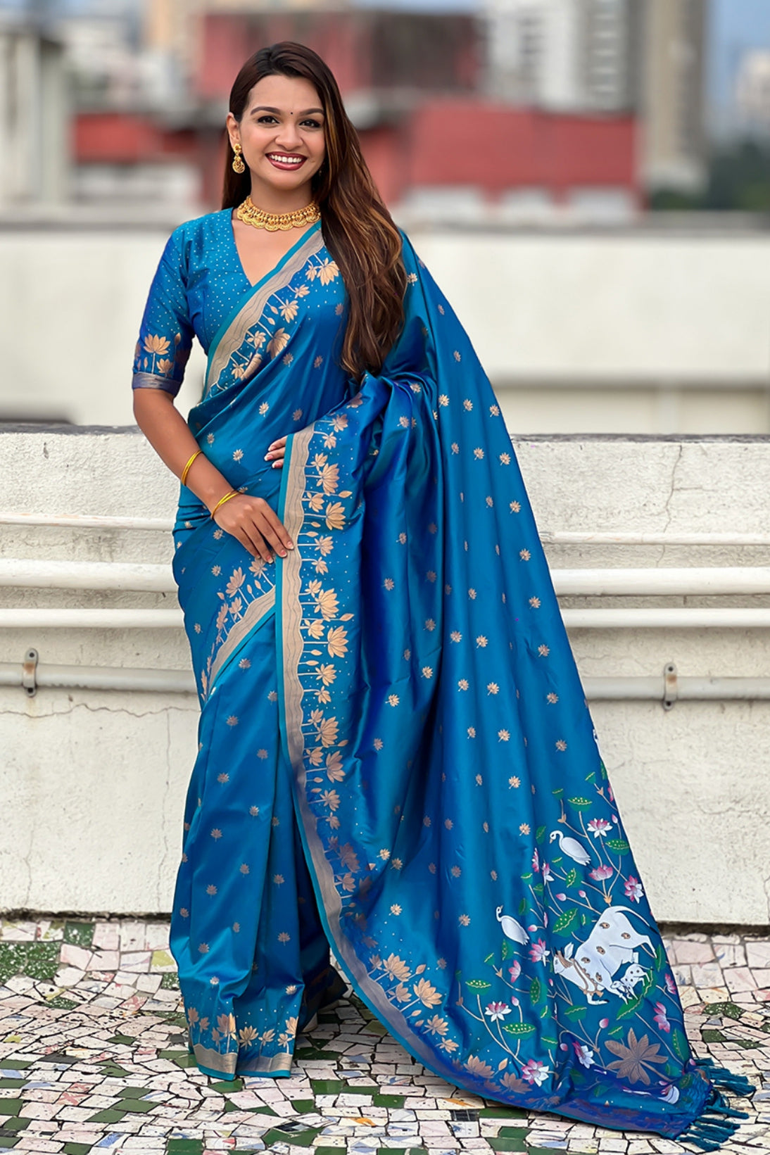 Buy MySilkLove Sibirica Blue Woven Lotus Banarasi Saree Online