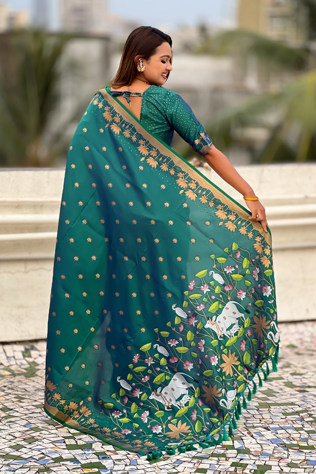 Buy MySilkLove Bottle Green Woven Lotus Banarasi Saree Online