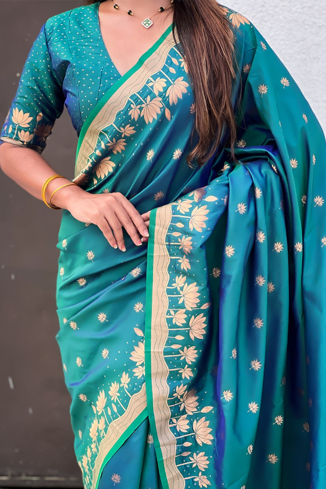 Buy MySilkLove Bottle Green Woven Lotus Banarasi Saree Online