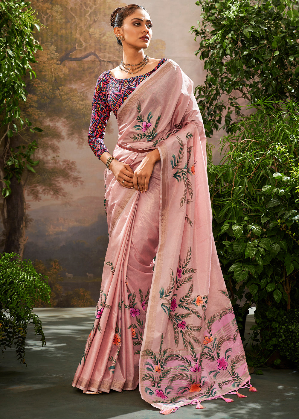 Buy MySilkLove Taffy Pink Hand Painted Linen Silk Saree Online