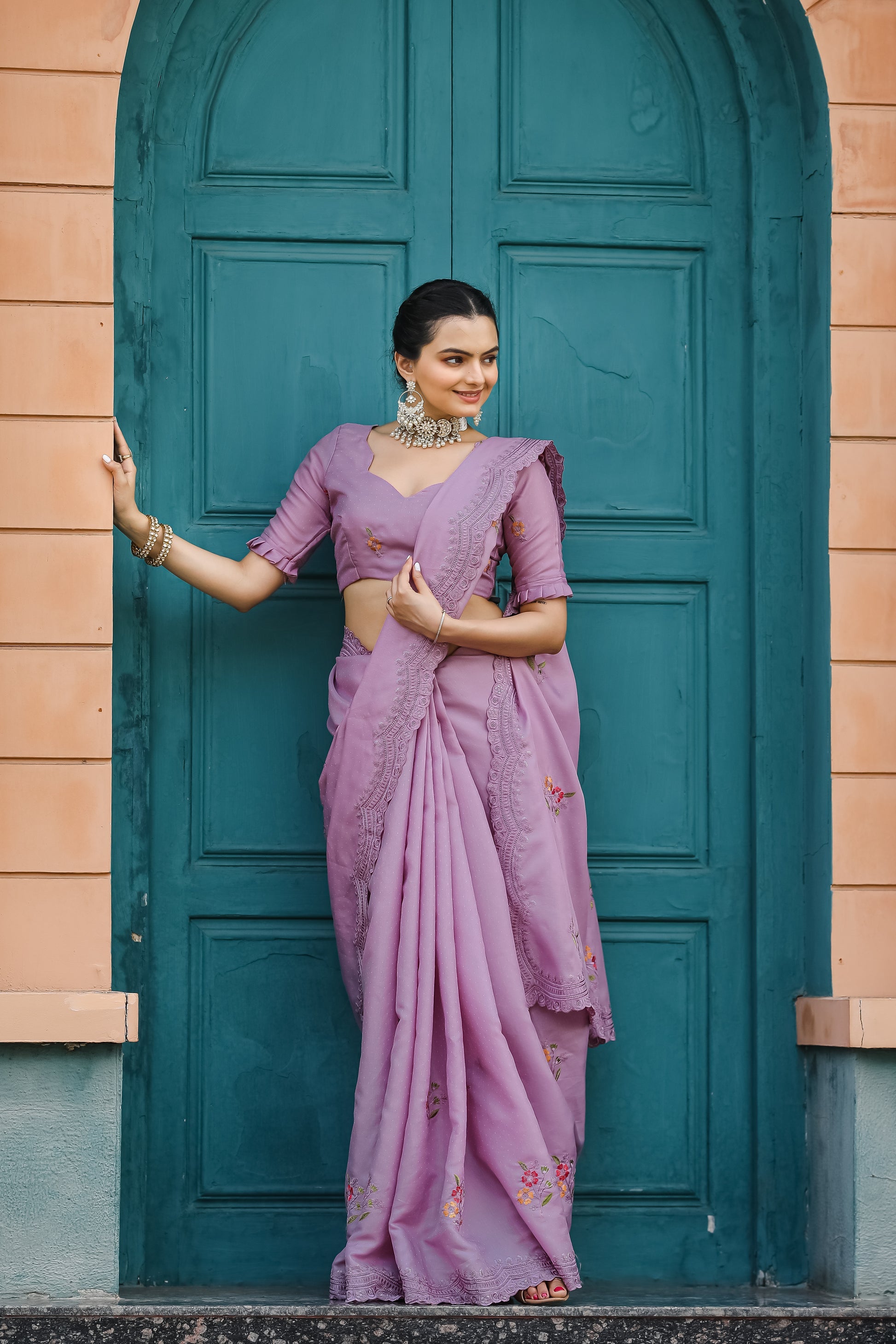 Buy MySilkLove Old Rose Purple Embroidery Tussar Cotton Saree Online