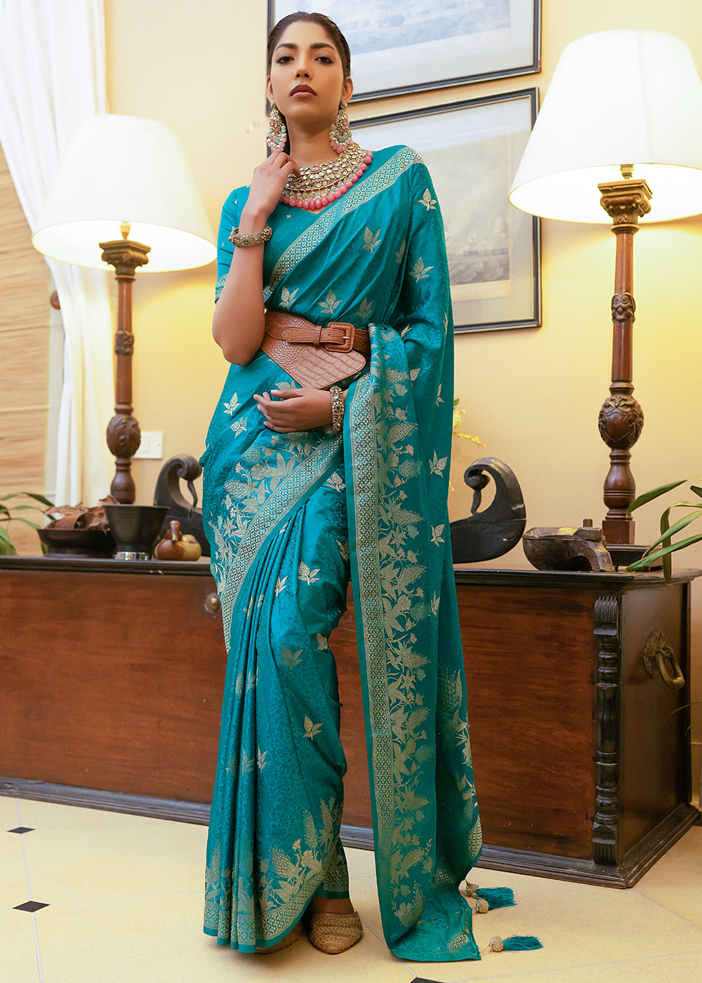 Buy MySilkLove Sea Serpent Blue Woven Satin Silk Saree Online