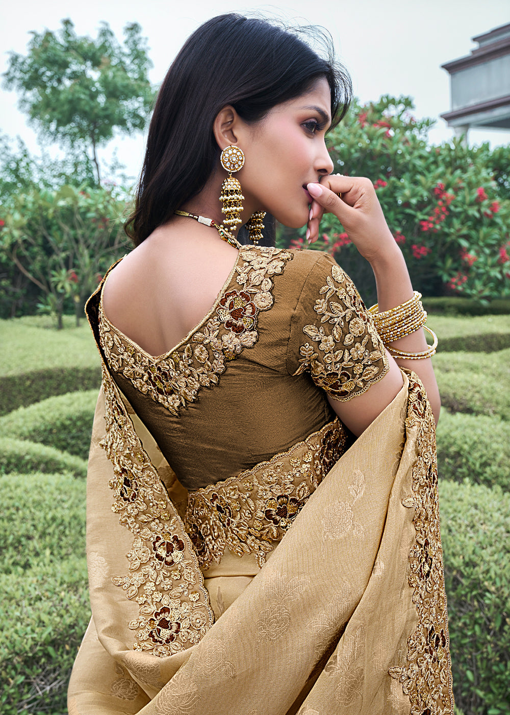 MySilkLove Peanut Brown Embroidered Designer Silk Saree