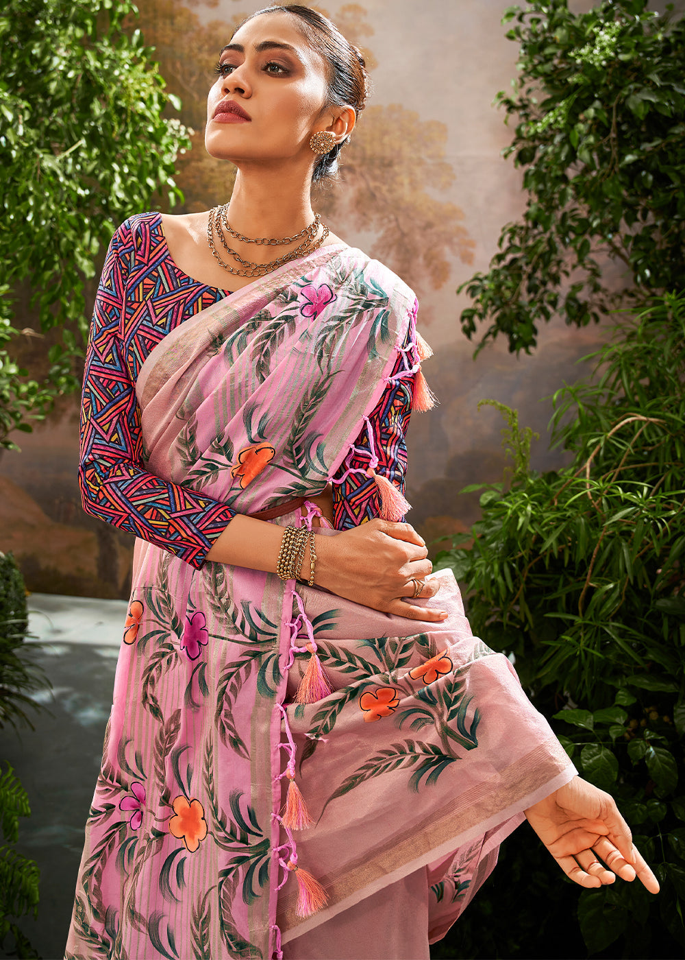 Buy MySilkLove Taffy Pink Hand Painted Linen Silk Saree Online