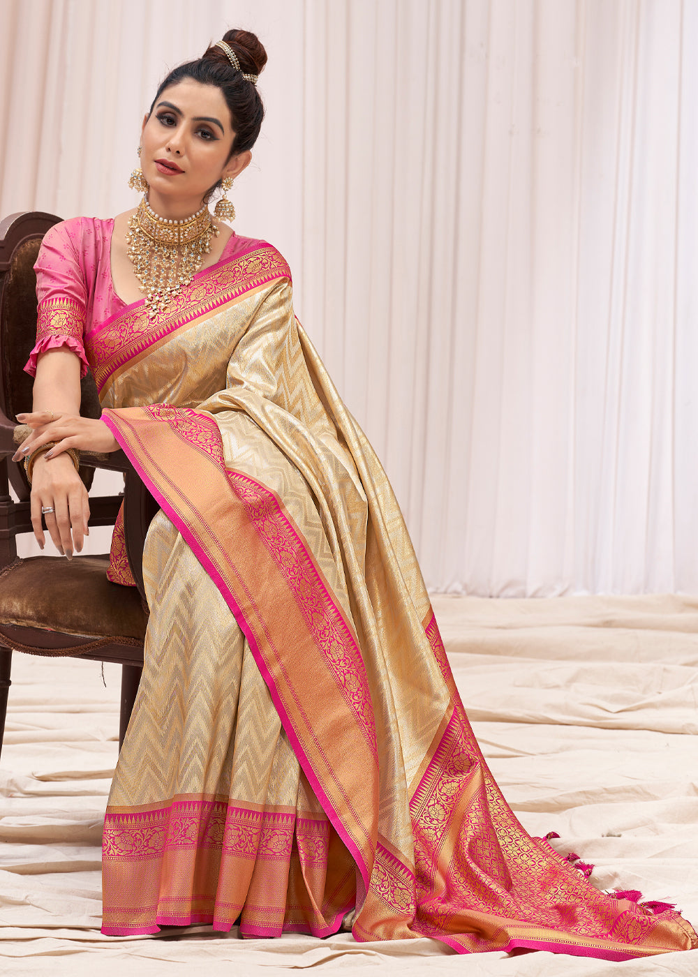 Buy MySilkLove Cashmere Cream Woven Kanjivaram Saree Online