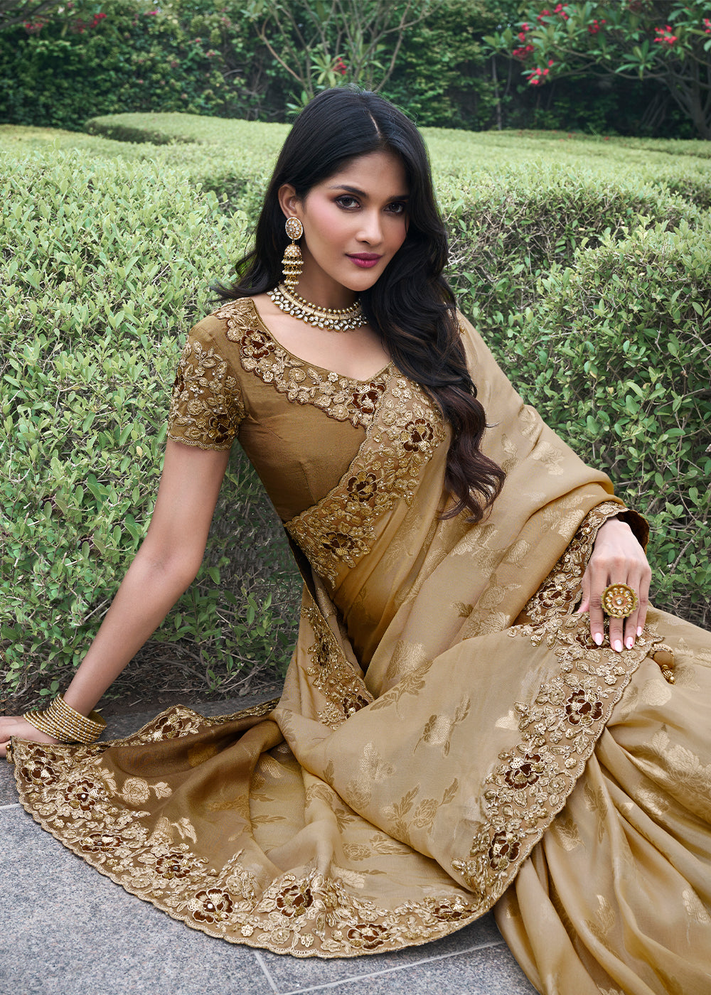 Buy MySilkLove Peanut Brown Embroidered Designer Silk Saree Online