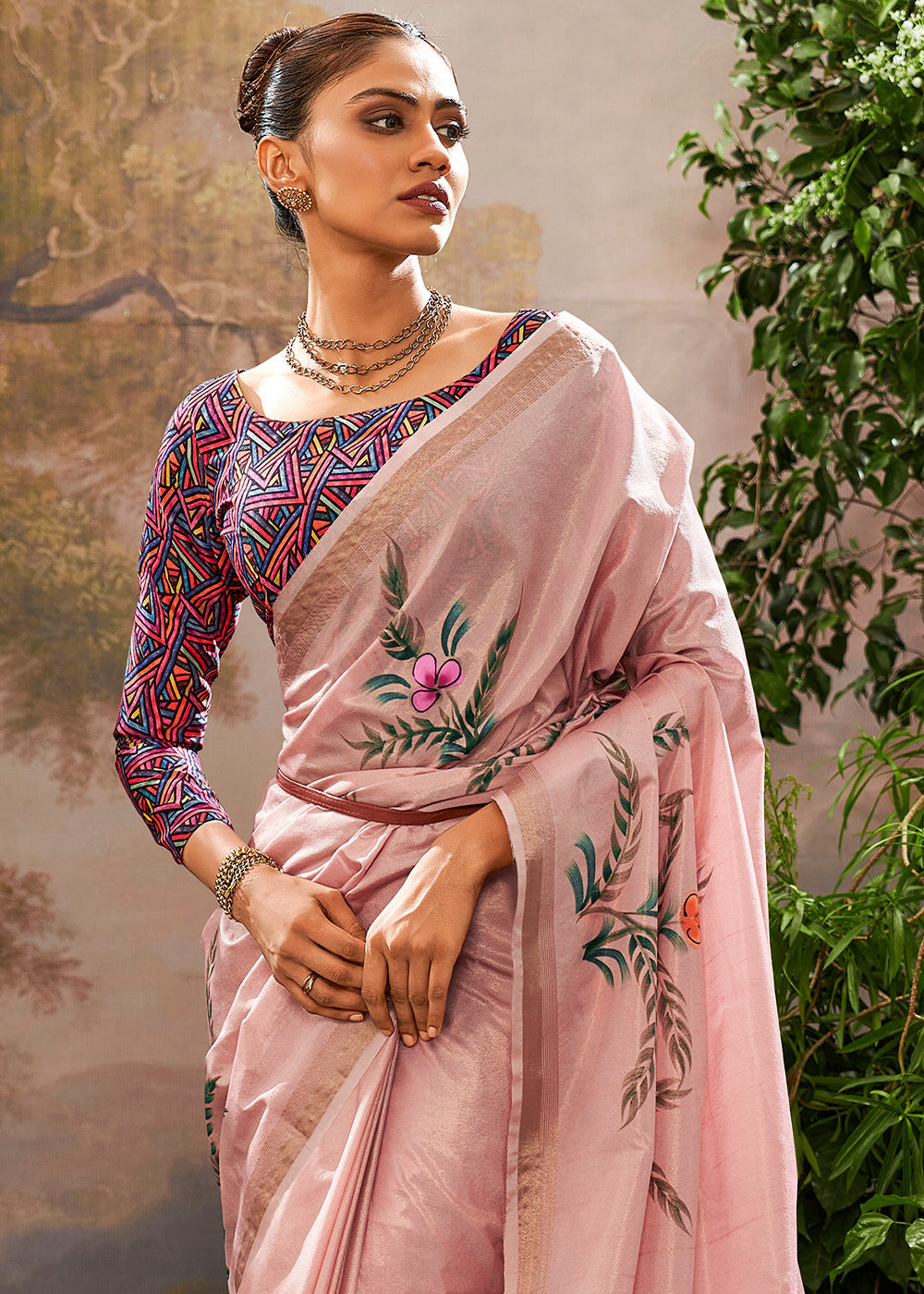 Buy MySilkLove Taffy Pink Hand Painted Linen Silk Saree Online