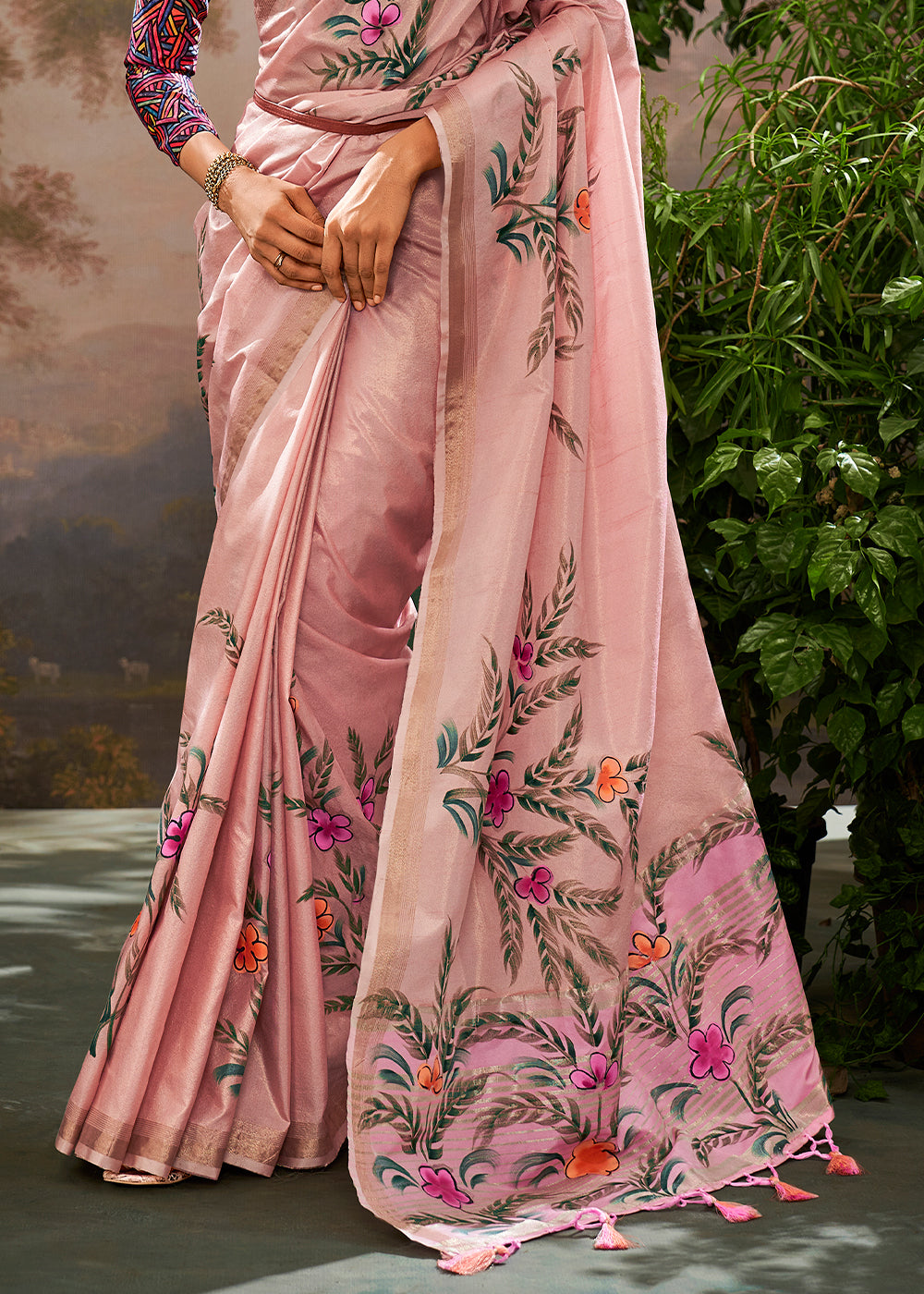 Buy MySilkLove Taffy Pink Hand Painted Linen Silk Saree Online