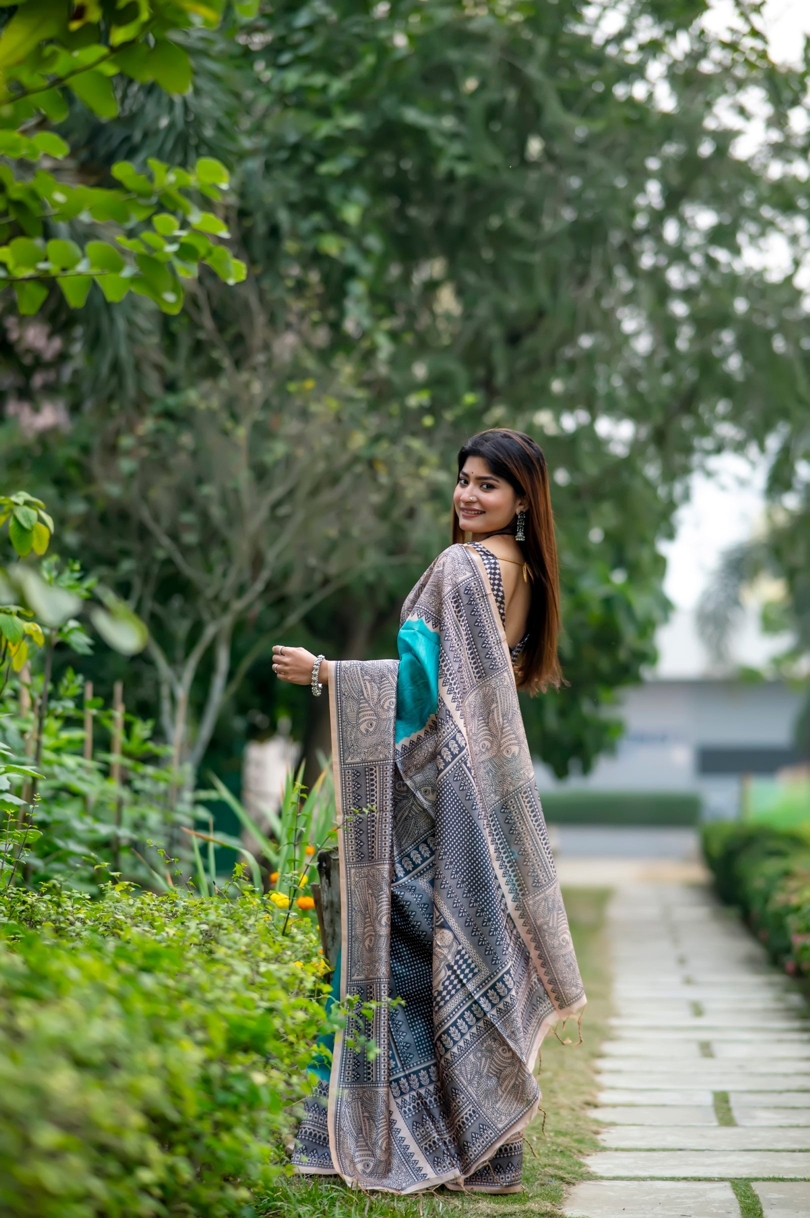 Buy MySilkLove Cadet Blue Madhubani Printed Silk Saree Online