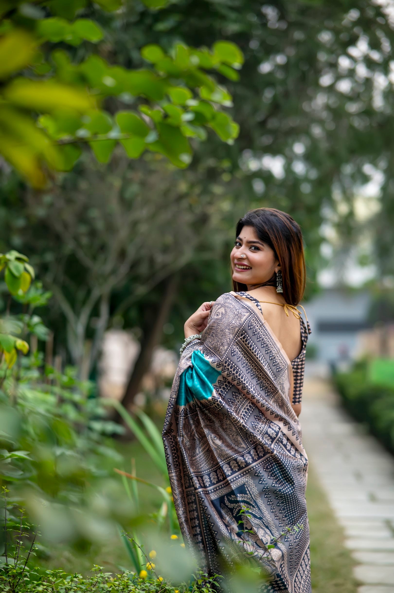 Buy MySilkLove Cadet Blue Madhubani Printed Silk Saree Online