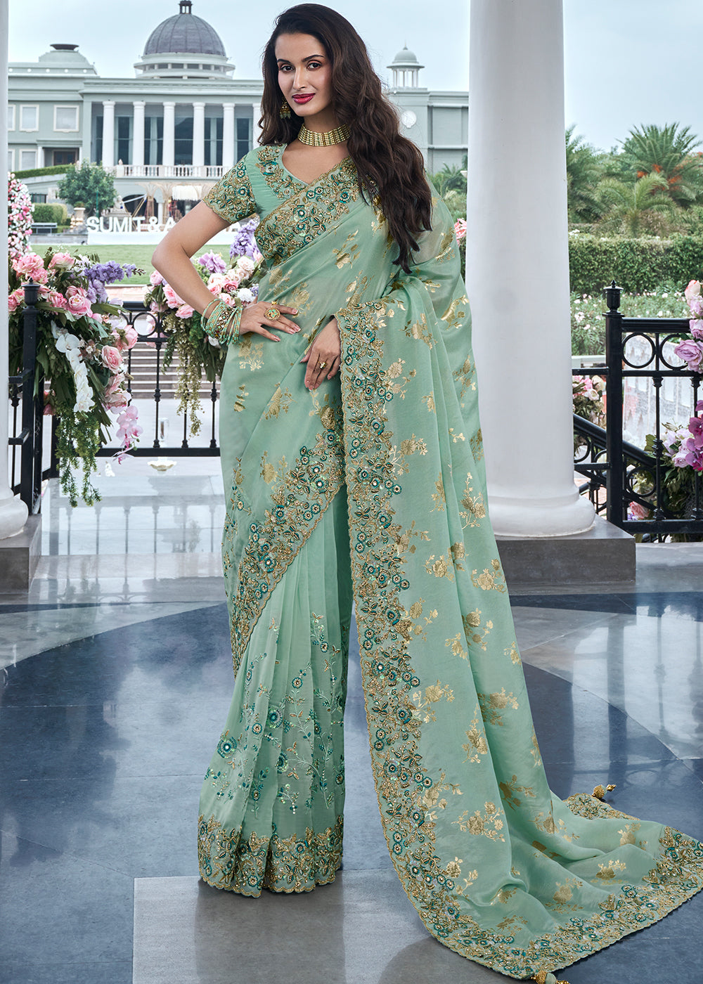 Buy MySilkLove Mason Green Embroidered Designer Silk Saree Online