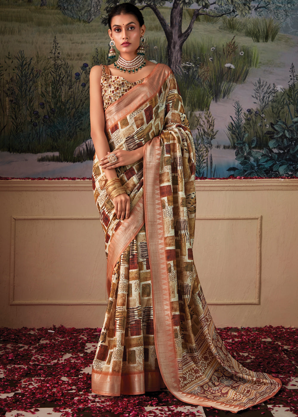 Buy MySilkLove Muddy Waters Brown and Cream Woven Banarasi Tussar Silk Saree Online