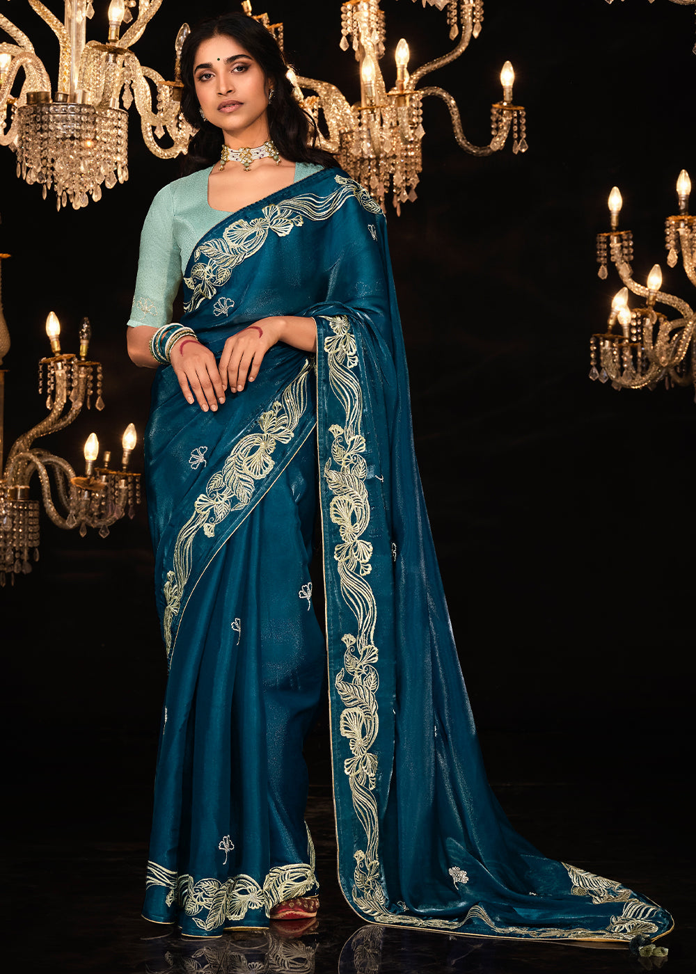 Buy MySilkLove Blue Whale Embroidered Designer Satin Silk Saree Online