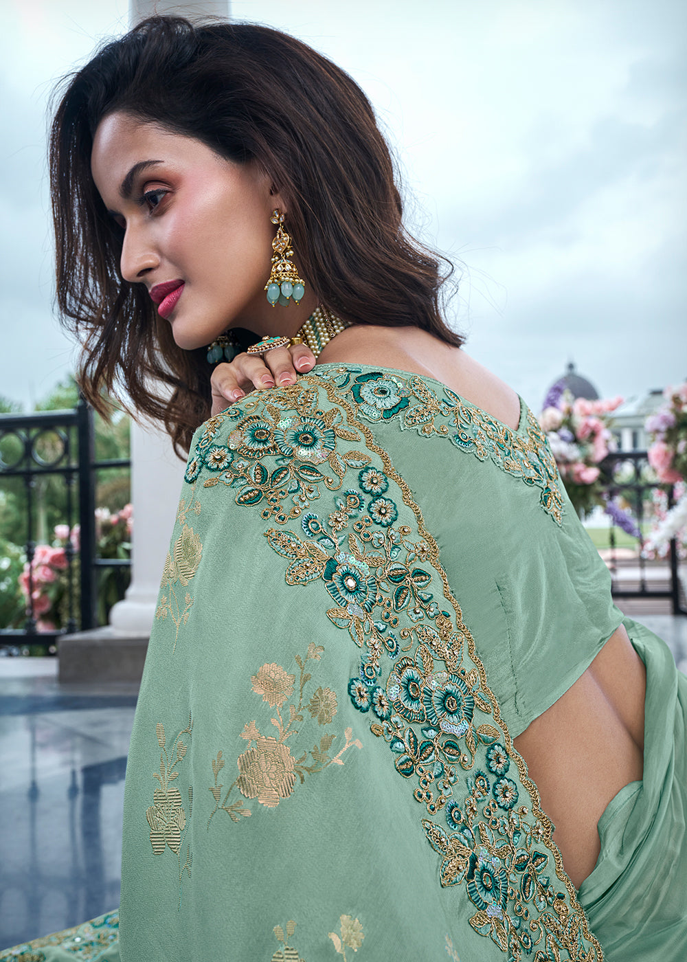 MySilkLove Mason Green Embroidered Designer Silk Saree