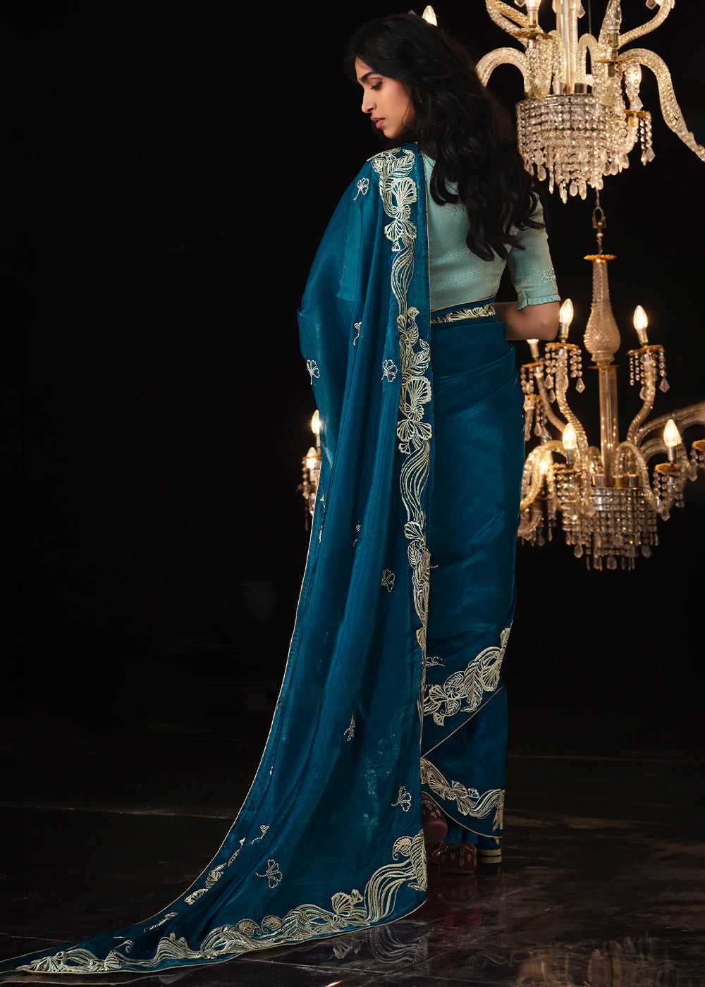 MySilkLove Blue Whale Embroidered Designer Satin Silk Saree