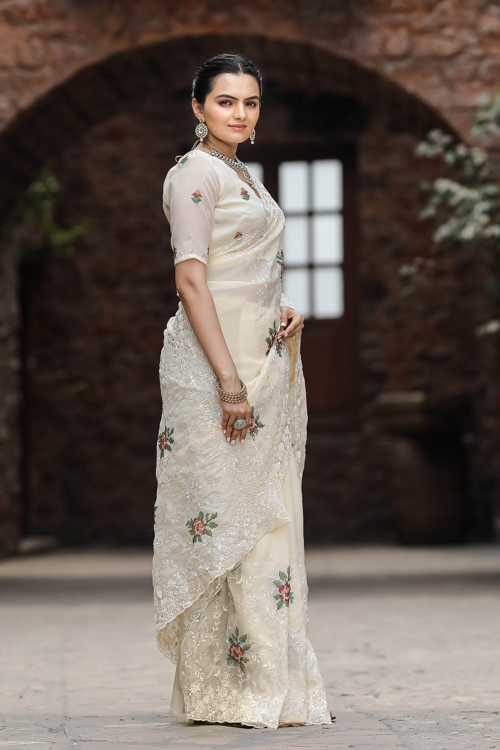 MySilkLove Daisy White Embroidered Chiffon Silk Saree