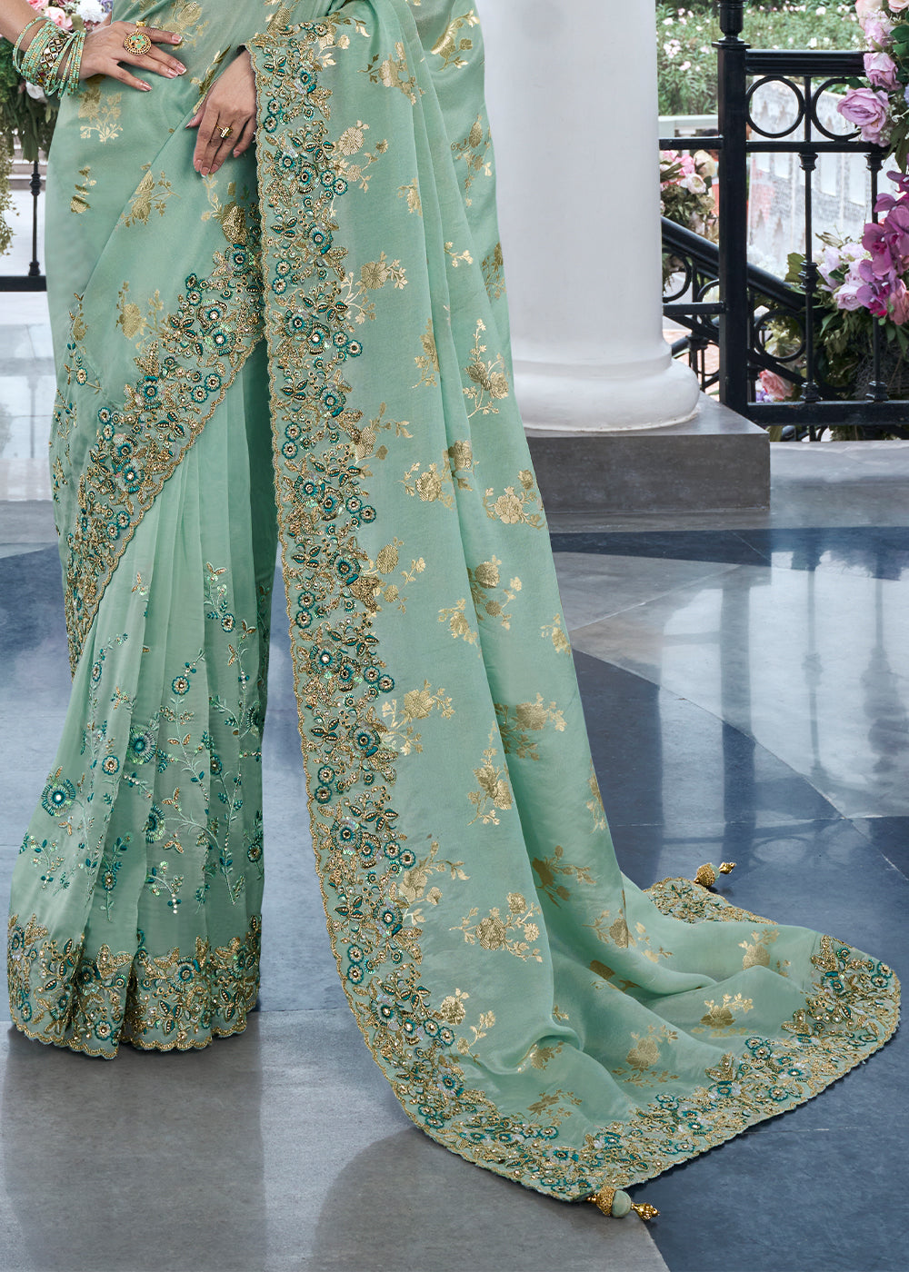 Buy MySilkLove Mason Green Embroidered Designer Silk Saree Online