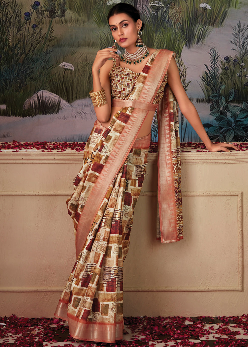 Buy MySilkLove Muddy Waters Brown and Cream Woven Banarasi Tussar Silk Saree Online