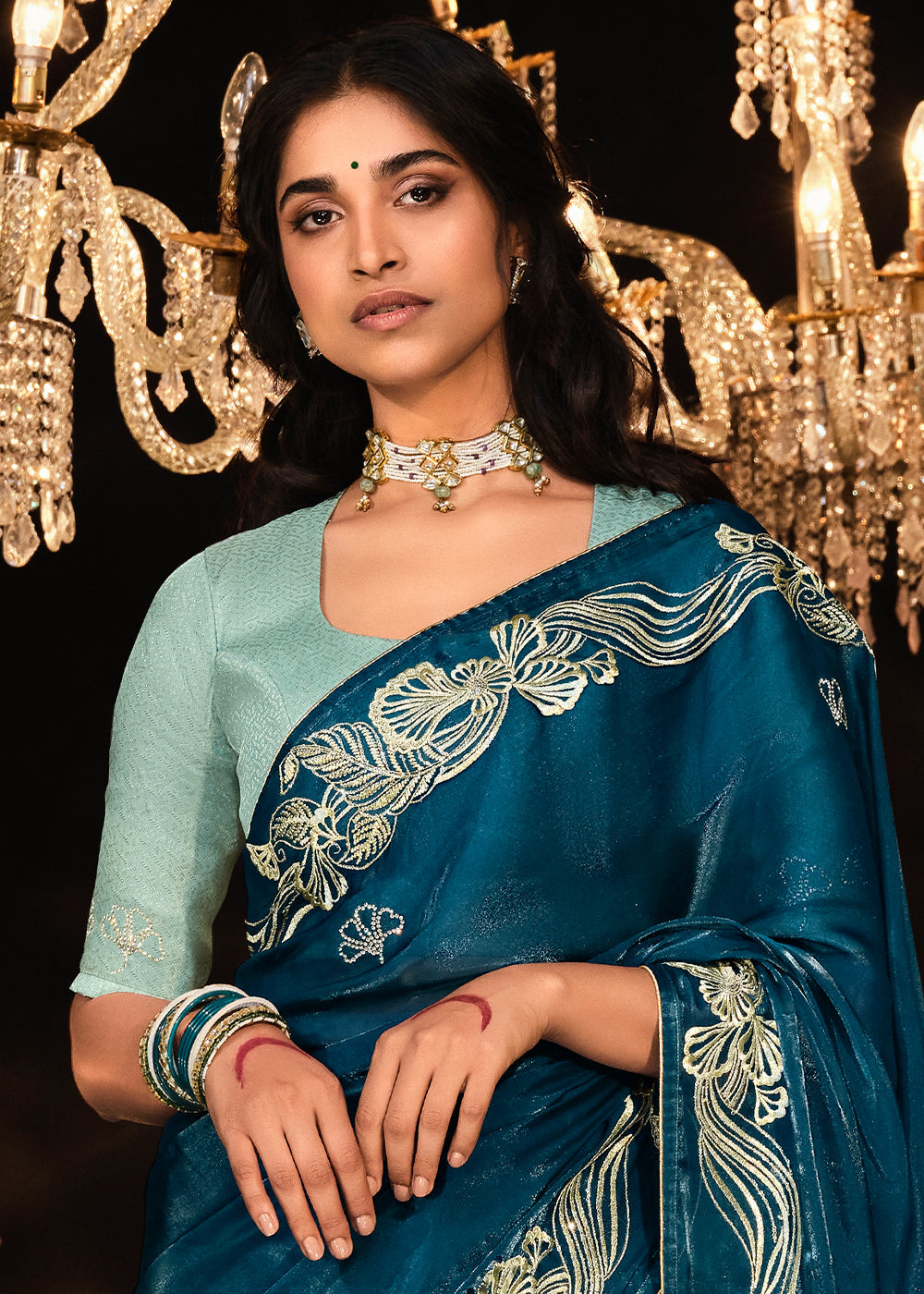 Buy MySilkLove Blue Whale Embroidered Designer Satin Silk Saree Online