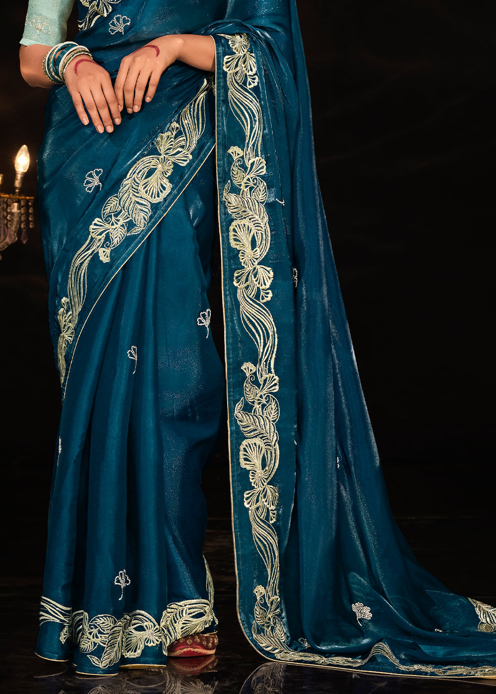 Buy MySilkLove Blue Whale Embroidered Designer Satin Silk Saree Online