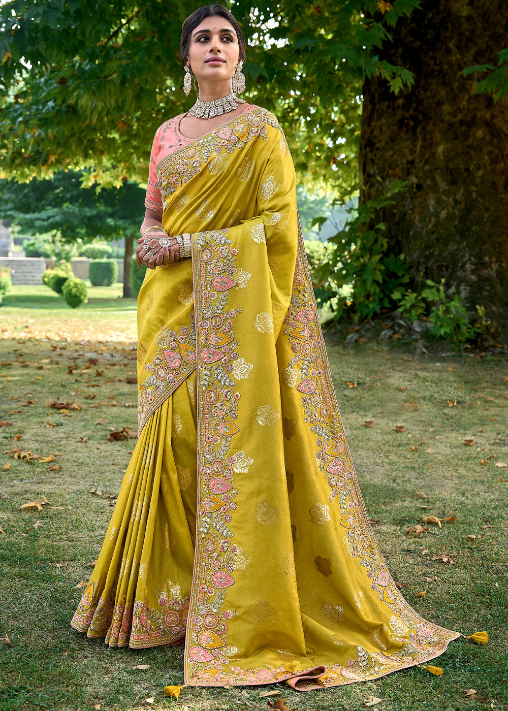 Buy MySilkLove Snapchat Yellow Woven Designer Banarasi Embroidered Silk Saree Online