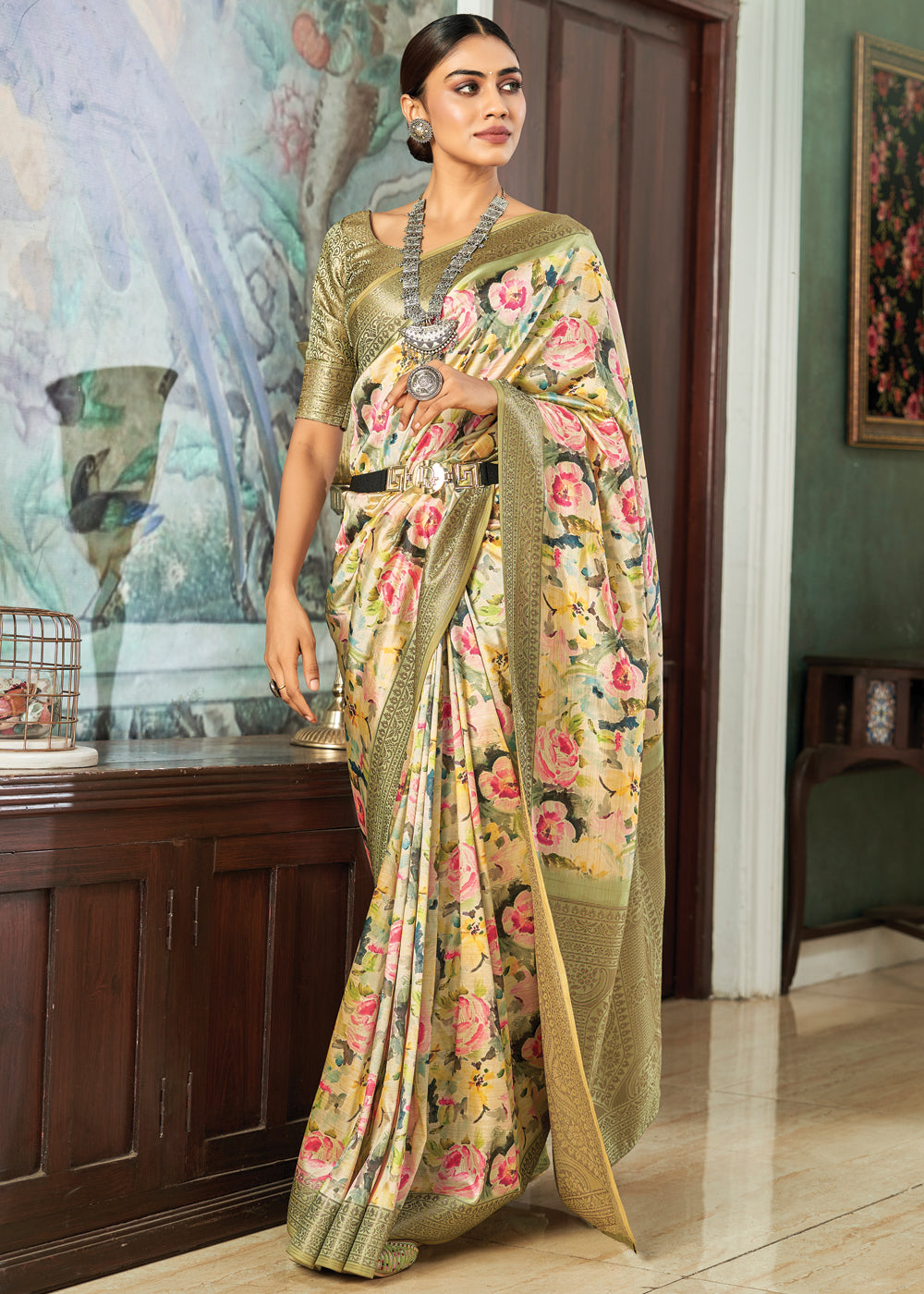 Buy MySilkLove Barley Corn Green Banarasi Satin Silk Saree Online