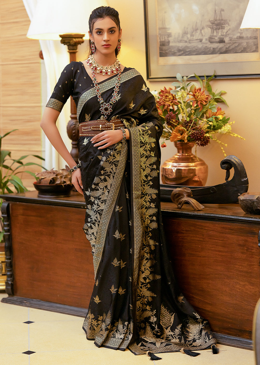 Buy MySilkLove Birch Black Woven Satin Silk Saree Online