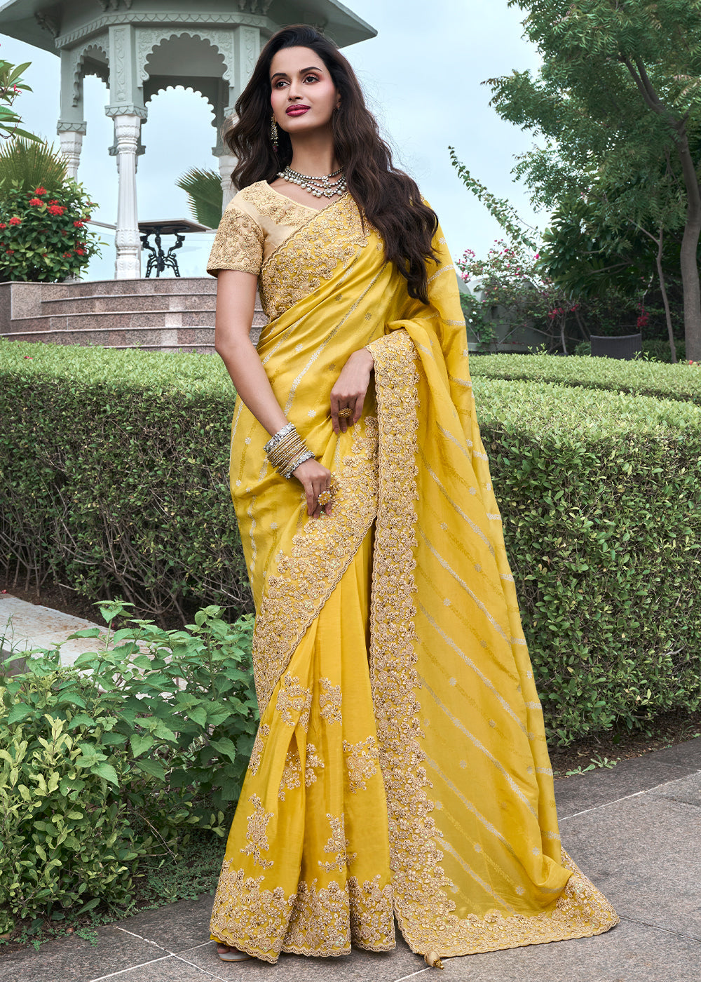 Buy MySilkLove Citrine Yellow Embroidered Designer Silk Saree Online