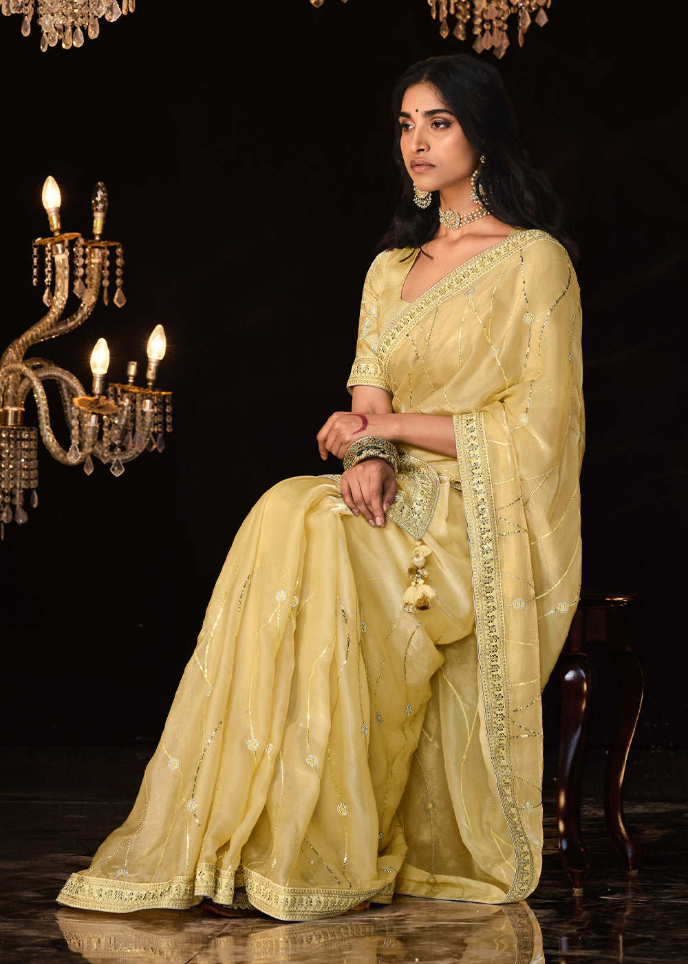 Buy MySilkLove Cape Honey Yellow Embroidered Designer Satin Silk Saree Online