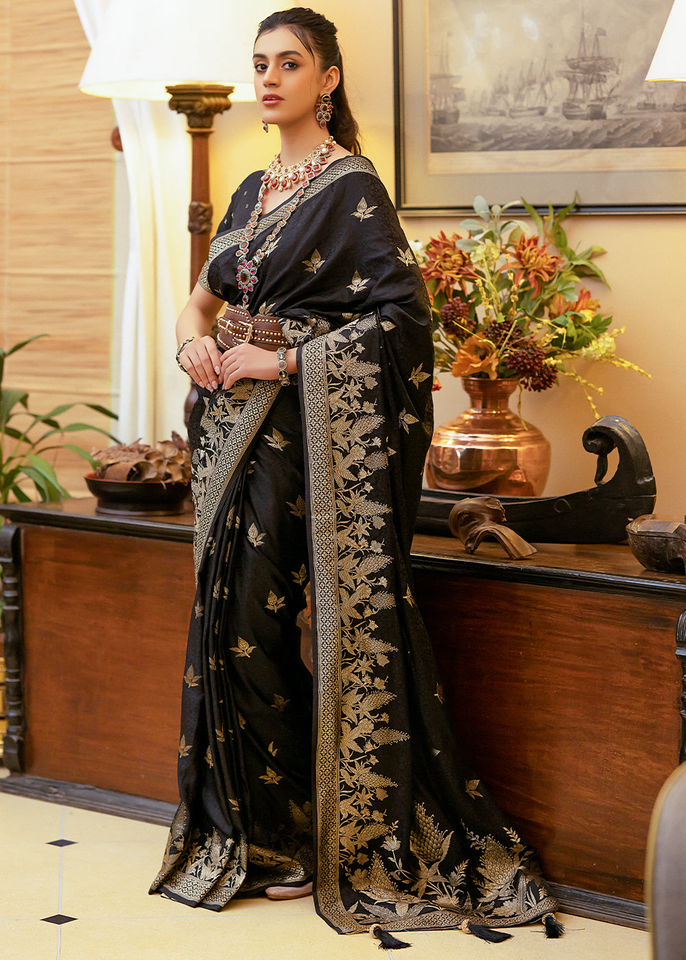 MySilkLove Birch Black Woven Satin Silk Saree