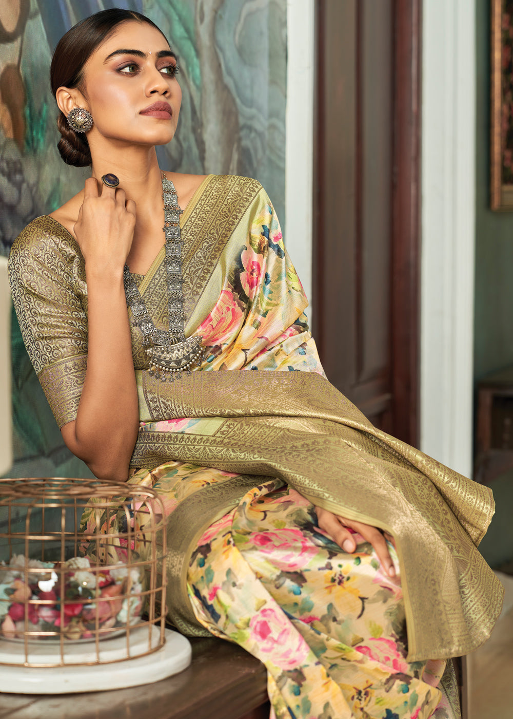 Buy MySilkLove Barley Corn Green Banarasi Satin Silk Saree Online