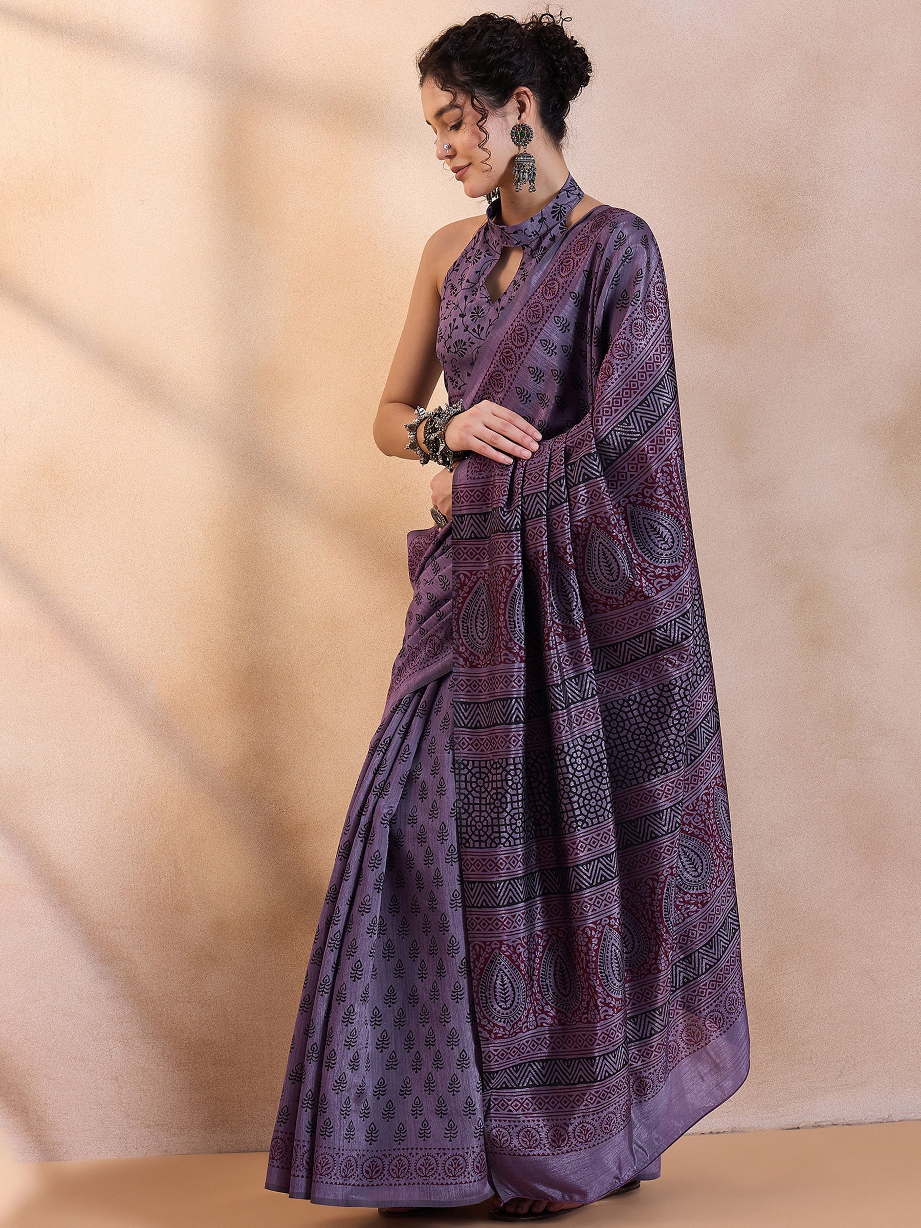 Buy MySilkLove Smoky Purple Printed Dola Silk Saree Online