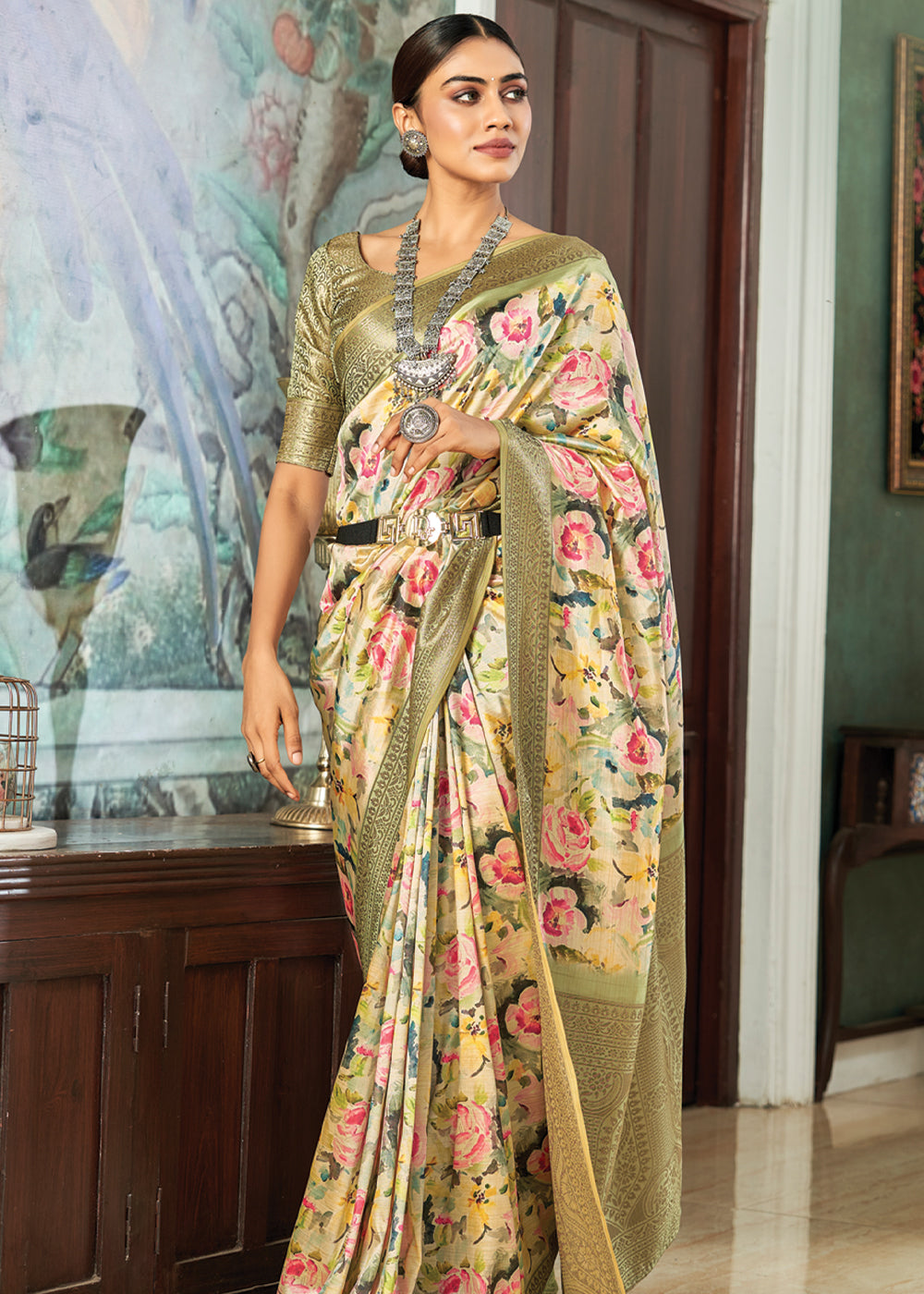 Buy MySilkLove Barley Corn Green Banarasi Satin Silk Saree Online