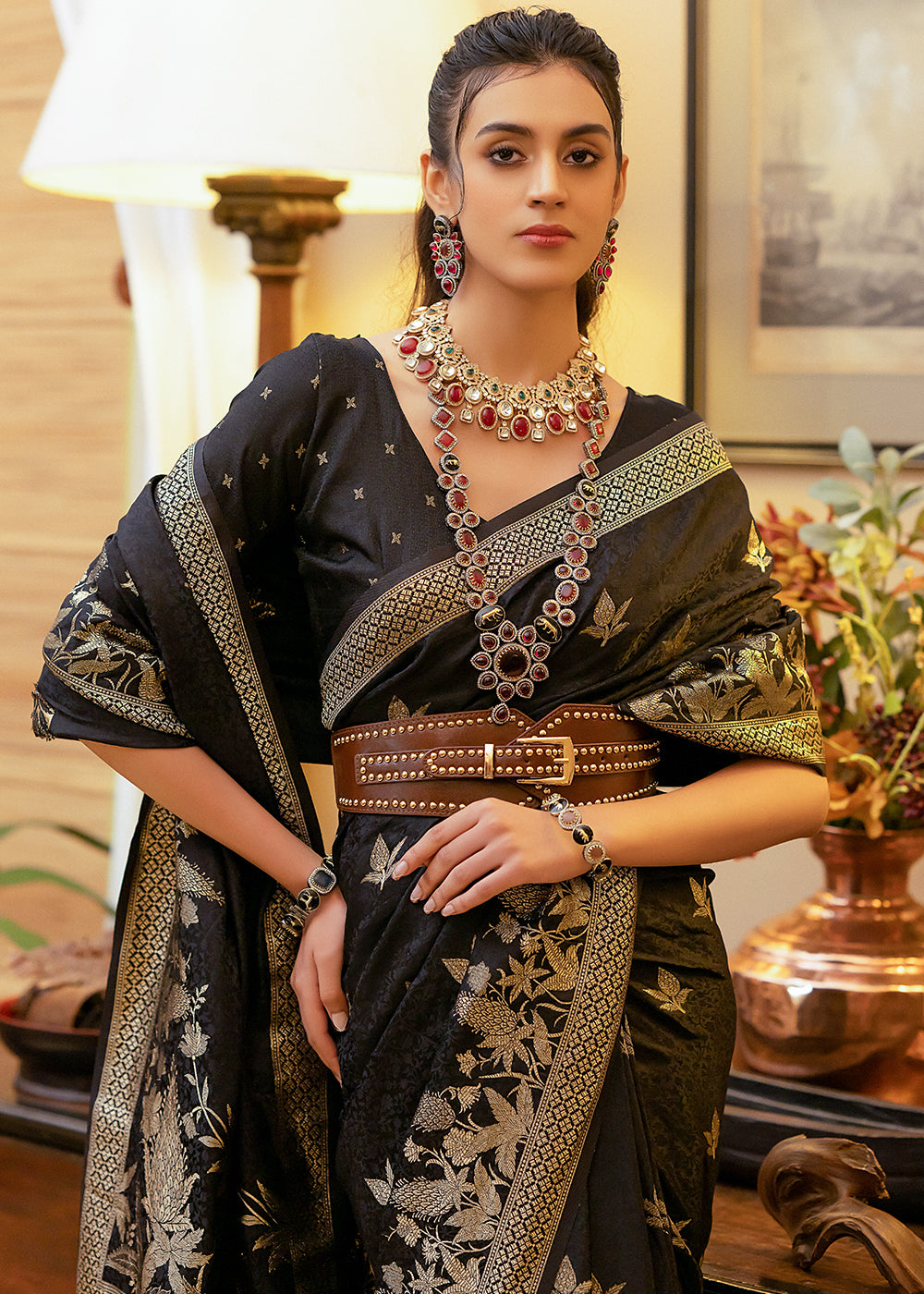 Buy MySilkLove Birch Black Woven Satin Silk Saree Online