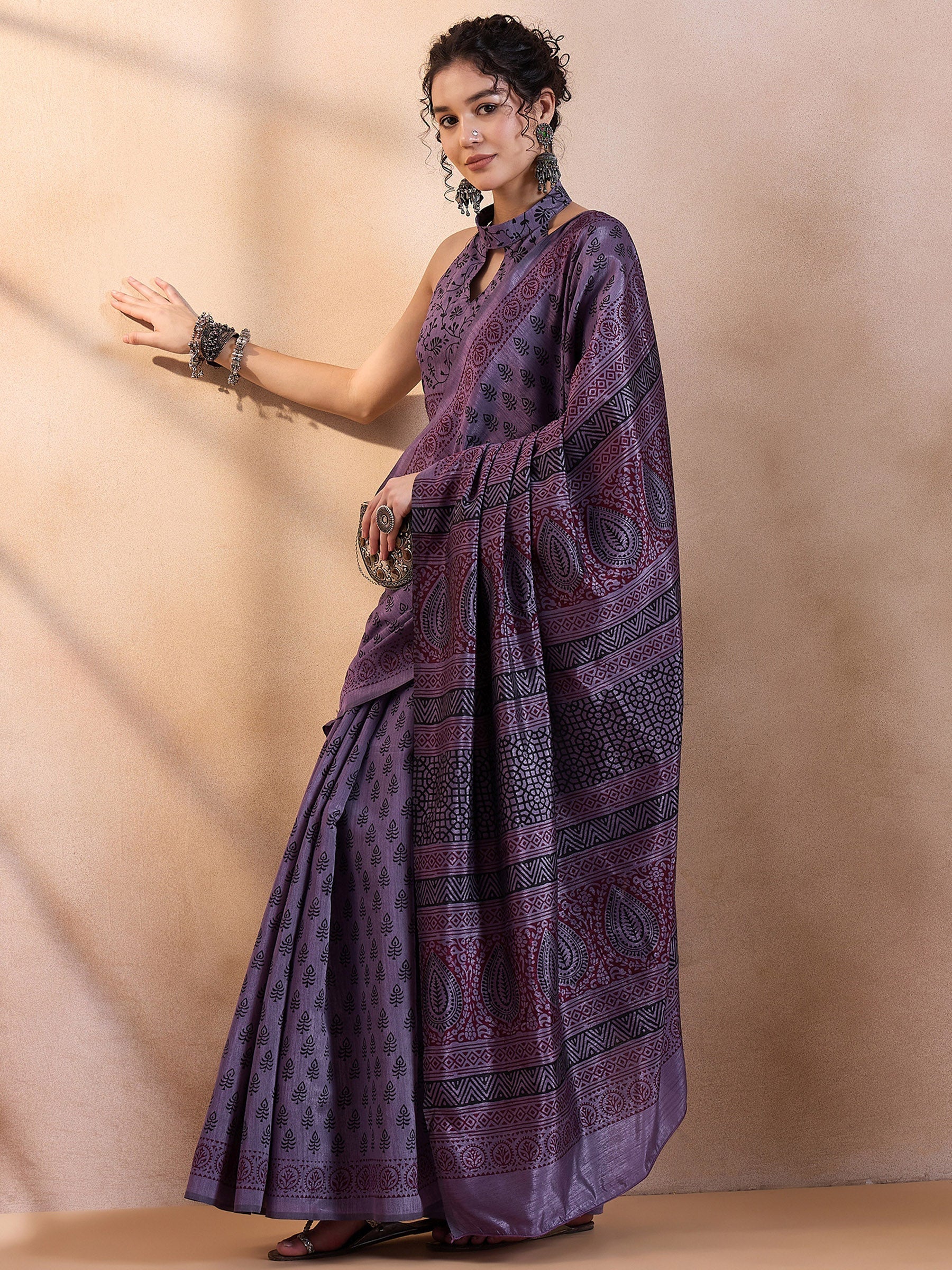 Buy MySilkLove Smoky Purple Printed Dola Silk Saree Online