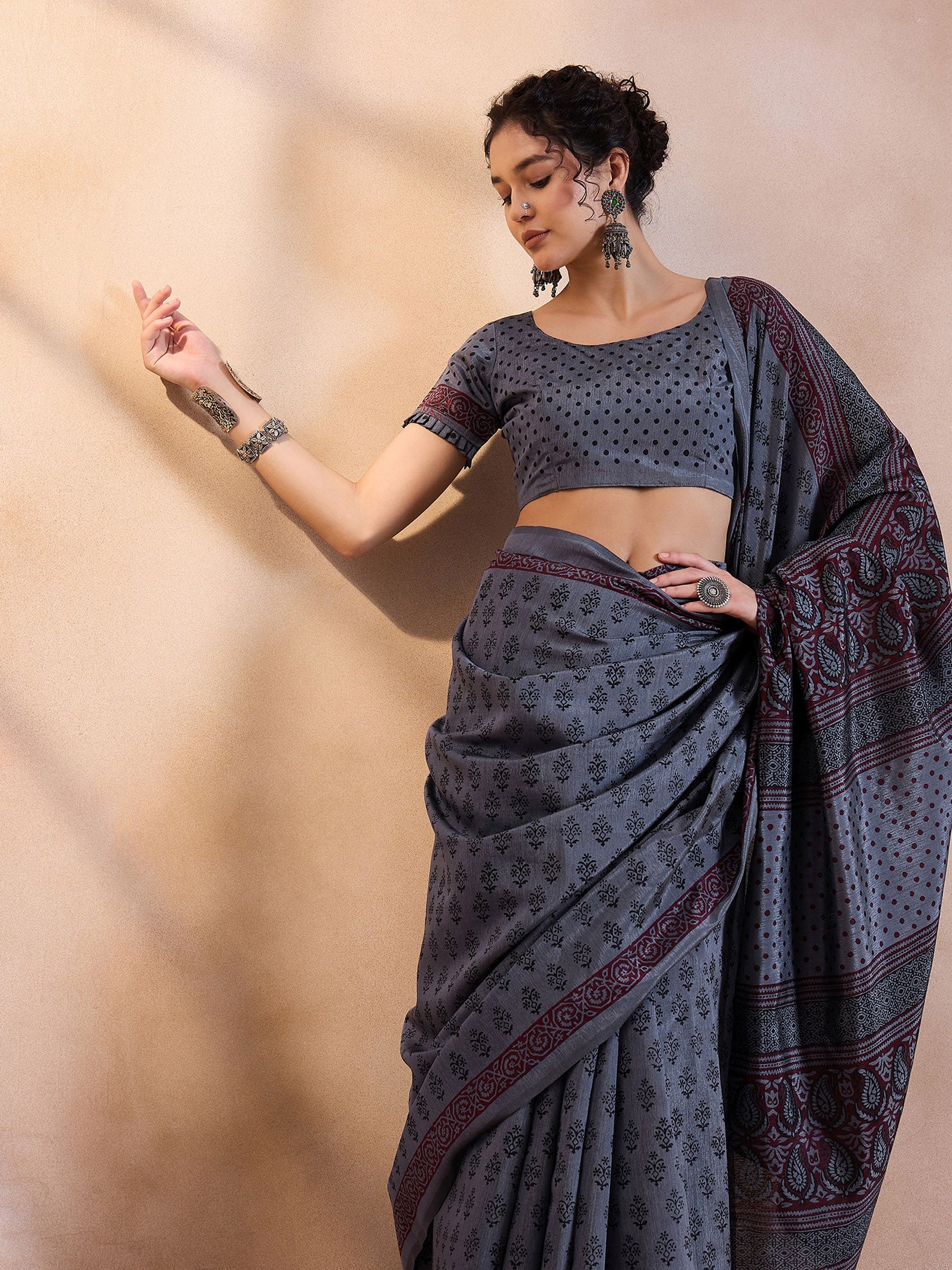 Buy MySilkLove Comet Grey Printed Dola Silk Saree Online