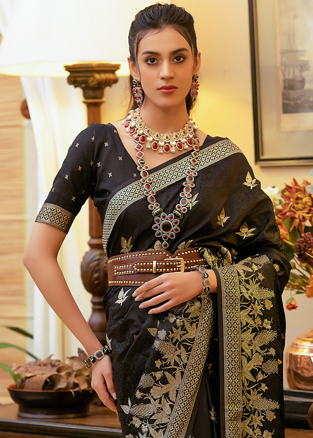 Buy MySilkLove Birch Black Woven Satin Silk Saree Online