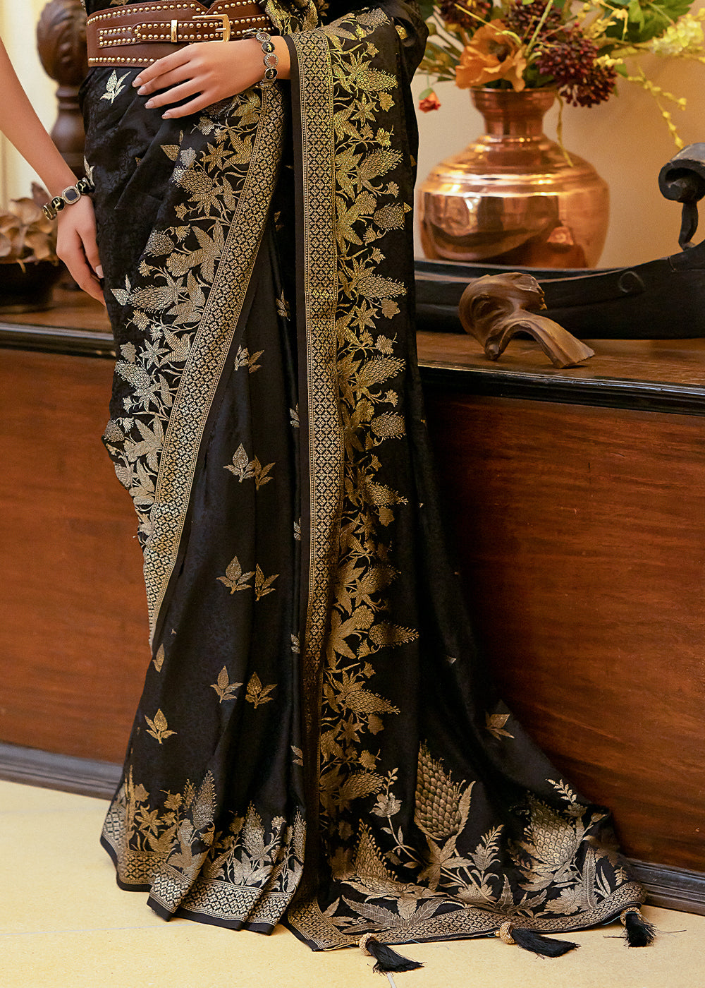 Buy MySilkLove Birch Black Woven Satin Silk Saree Online